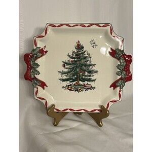 Spode Christmas Tree Ribbons Square Platter with Bow Handles - 11-Inch Holiday